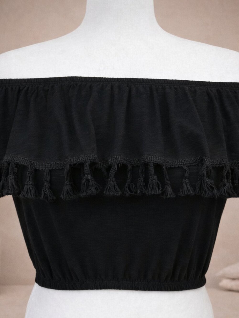 Black Off‑Shoulder Tassel Crop Top Boho Festival Style Fringe Ruffle Bardot